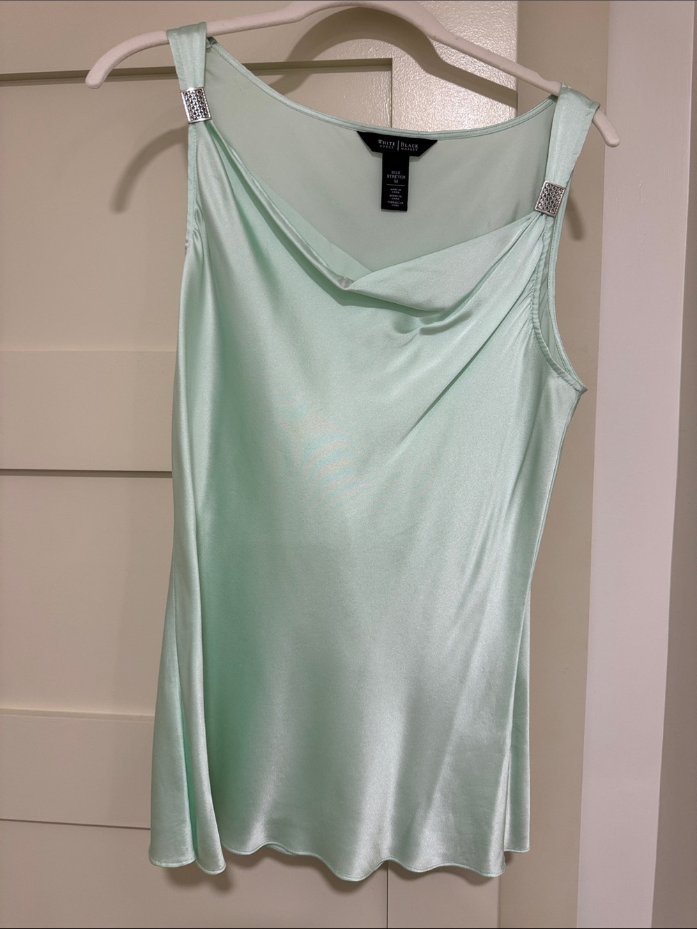 White House Black Market Mint Satin Cowl Tank with Buckle Straps